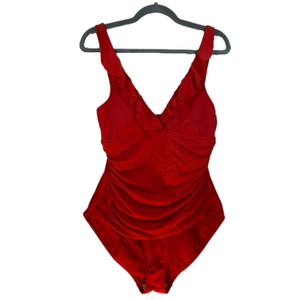 CHAPS Size 16 Red One Piece Swimsuit Ruffles Ruched Tummy Control Full Coverage